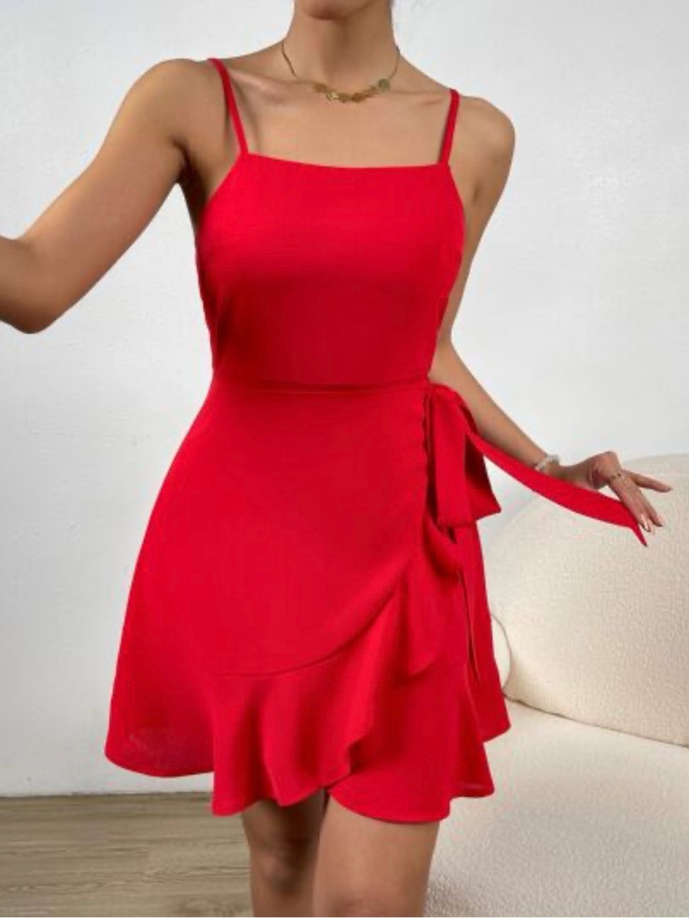 Red Sleeveless Ruffle Wrap Dress